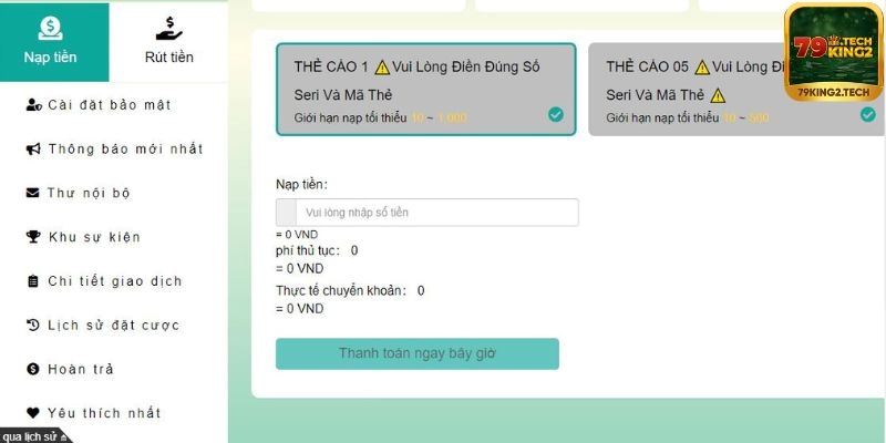 Lựa chọn nạp tiền tại 79king bằng thẻ cào